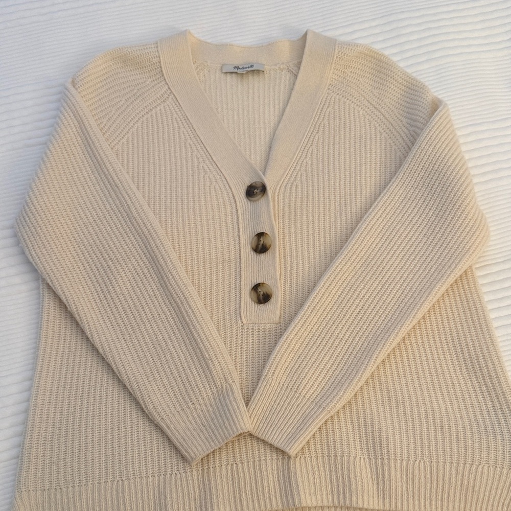 Madewell Cream V-Neck Sweater with Button Accents